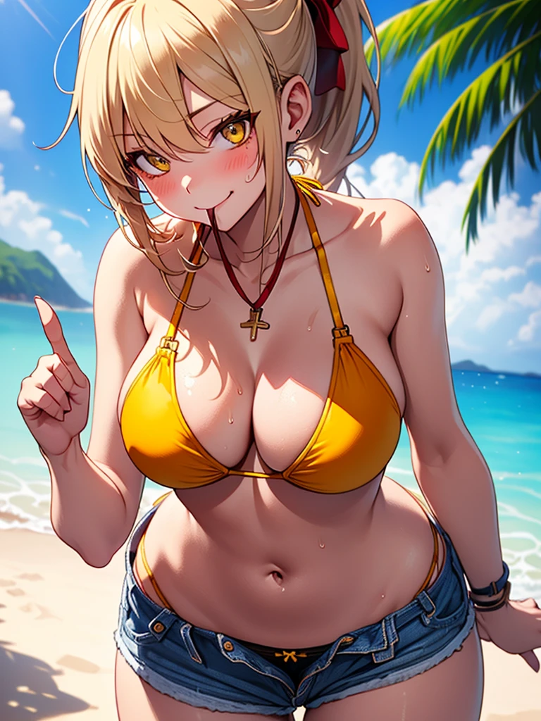 (highest quality, High resolution, perfect pixel, Depth of bounds written, 4K), (from front), beach, detailed eyes, (1 lady), tall, (skinny body:1.2) , (thin thighs:1.2), (Narrow hips), large breasts, blond hair, (ponytail:1.2), (denim short pants yellow bikini:1.2), (unbutton:1.3), (cross halter bikini), (rio cut pants), (panty strap:1.3), (hina-pose), (standing), (leaning forward), (put index finger on mouth:1.2), (seductive smile), blush, sweat,