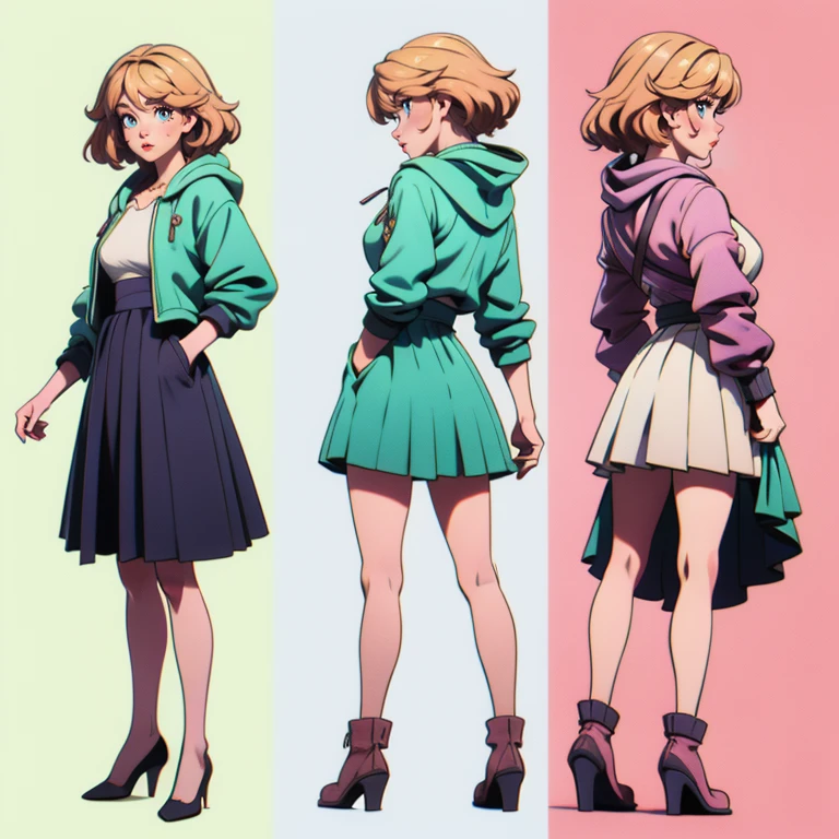 "High resolution image, 8k quality, 3D anime style, perfectly detailed illustration with perfectly intricate details. This is the (((same character))) in the (((same outfit))), based on a((( character design sheet))). It is considered the most beautiful image in the world, looking to the viewer. ((( front view))), (((side view))) and (((back view))).

The girl represented is alone and is described as the most beautiful in the world, ((( full-body))),mature woman. She has medium blonde hair, medium breasts, a perfect detailed face with (((puffy cheeks))) and a((( very exaggerated pout))). Her lips are full and closed with blush, while her almond-shaped and aquamarine eyes are perfectly detailed, with tears.

She wears a white and green dress with a raised skirt, accompanied by an open pink jacket with long, puffed sleeves, as well as a hood. She is standing with her legs apart, showing wide thighs and medium hips, wearing brown pantyhose and black heels. Guardrobe malfunction, skirt lifth, crotch exposed, white micro panties 