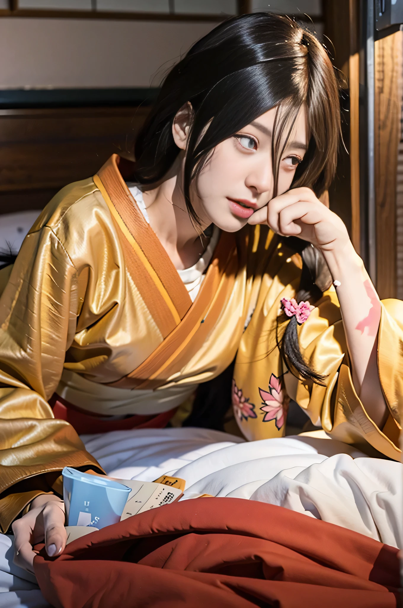 tmasterpiece， hoang lap ， （Complicated details）， （rich colourful）， Movie Lighting， bust， the Extremely Detailed CG Unity 8K Wallpapers ， Hinata flower ratio， 1girll， solo， orange kimono， Red hakama skirt， obi strip， Wide sleeves， looking at viewert， Keep one's mouth shut， ventania， Combat posture， Low hair tied long，w hotel，onbed，Lie on your stomach on the bed