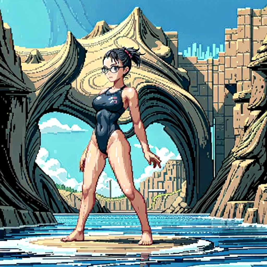 (masterpiece, top quality, best quality), pixel,pixel art,1girl,swimsuit,swiming pool,black glasses,full body