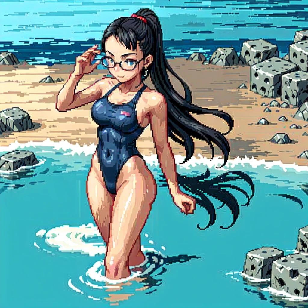 (masterpiece, top quality, best quality), pixel,pixel art,1girl,swimsuit,swiming pool,black glasses,full body