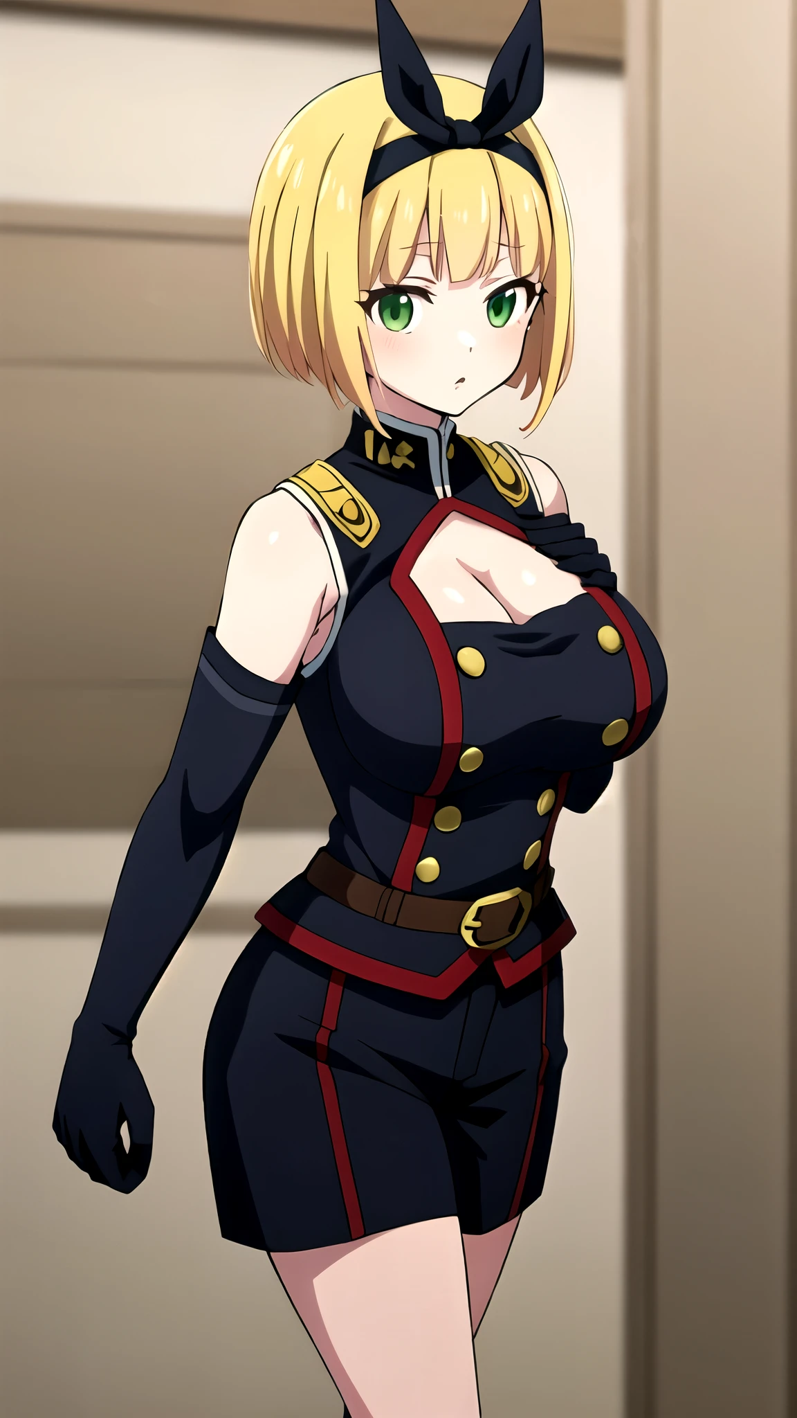  cleavage,hands down, masterpiece, best quality, upper body, uniform,  gloves, elbow gloves, belt, black gloves, shorts,  black shorts, Shushu Suruga, 1girl,  yellow hair, green eyes, looking at viewer, short hair, large breasts, hairband, bangs