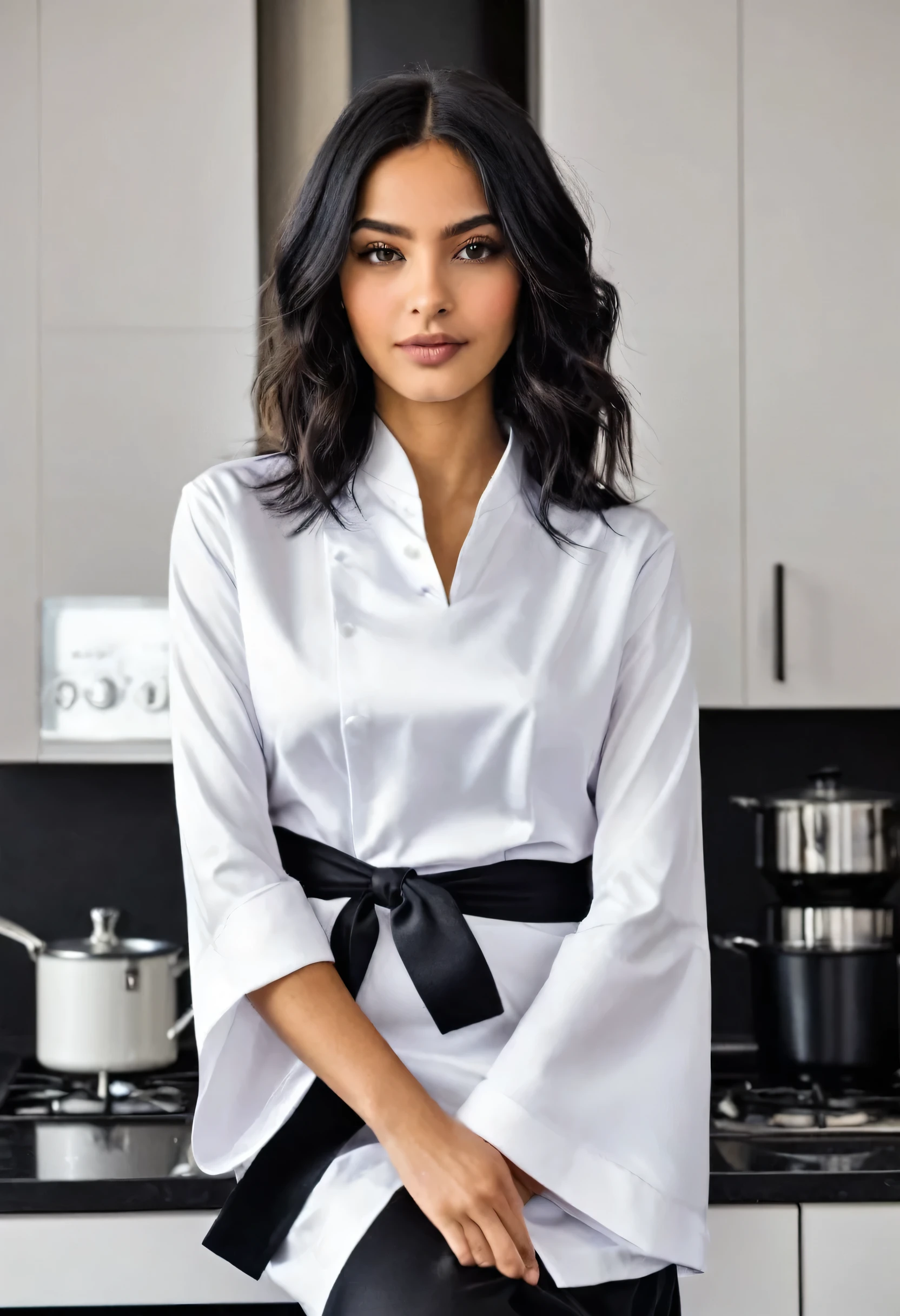 Fille marocaine, brune, (Robe couverte respectueuse), (black hair with blonde ends), chef-d'artwork, best quality, Very detailed, (Gorgeous, detailed eyes Gorgeous, detailed face, matte skin and luscious, detailed lips), (best quality), (Ultra-detailed), (chef-d'artwork), (High resolution), (original), Ultra-realistic., 3D rendering table full of delicious food, femme en robe noir