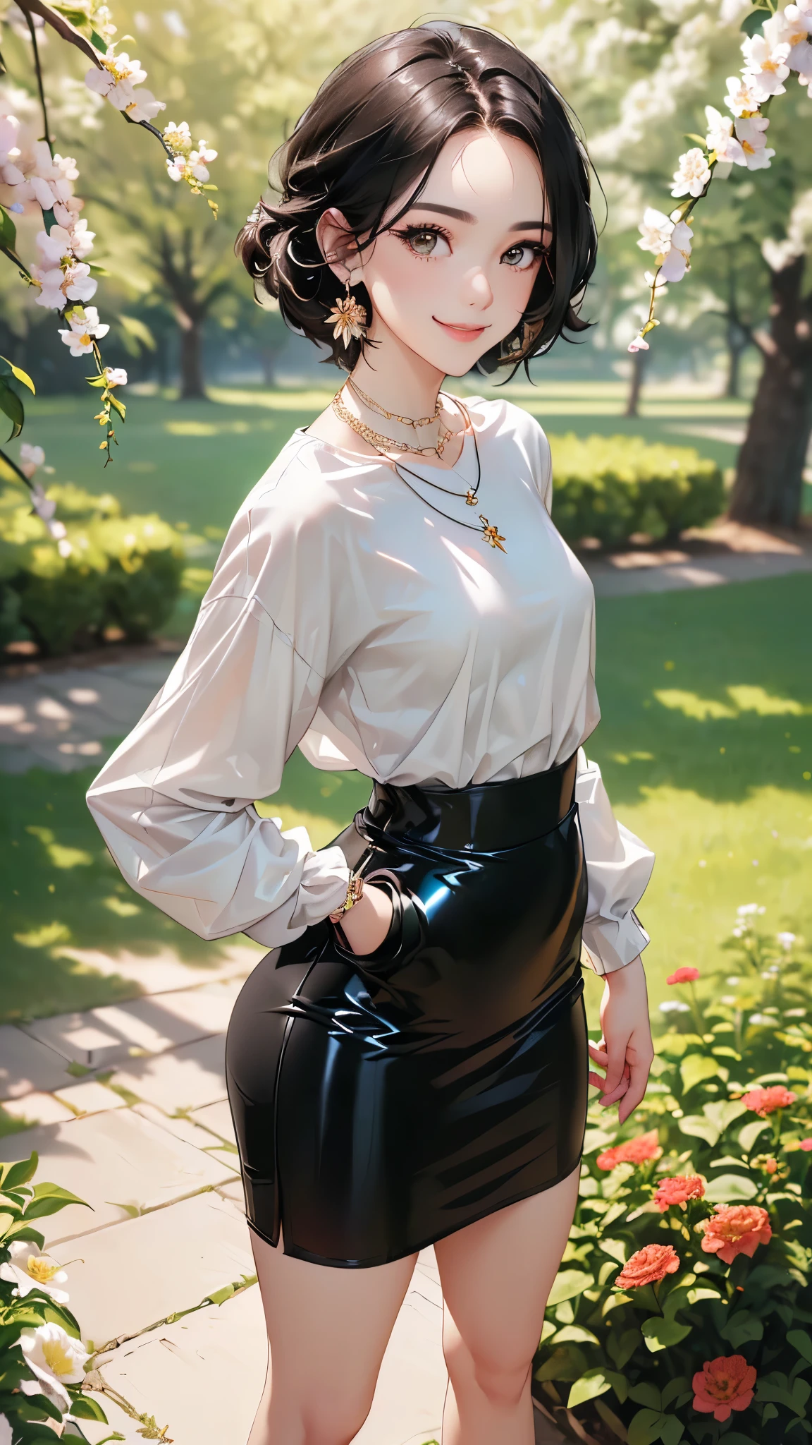 ((Biologically correct limb count))、((Full Body Shot, Full-body photo including face、Head to toe photos))、4K、masterpiece、((Focus on the face))、((Symmetrical facial features))、Eyes of meticulous depiction、Beautiful woman、Excellent style、Beautiful feet、(Black Stockings、High heels with anklets)、Facial detailing、Small earrings、necklace、((Close-up photo of the upper body))、(Latex shirts、Latex skirt)、Scenery of a park with seasonal flowers in full bloom、Low - Angle、(smile)、