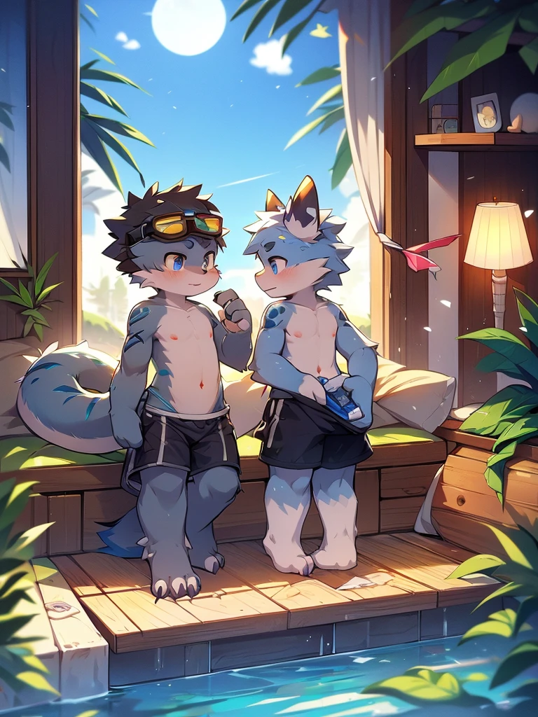 gray chinese dragon boy,Gray fur,Topless, mammal, hairy,Gray Eyes,upscale hotel,Transparent swimming trunks quality,goggles,moon tattoo