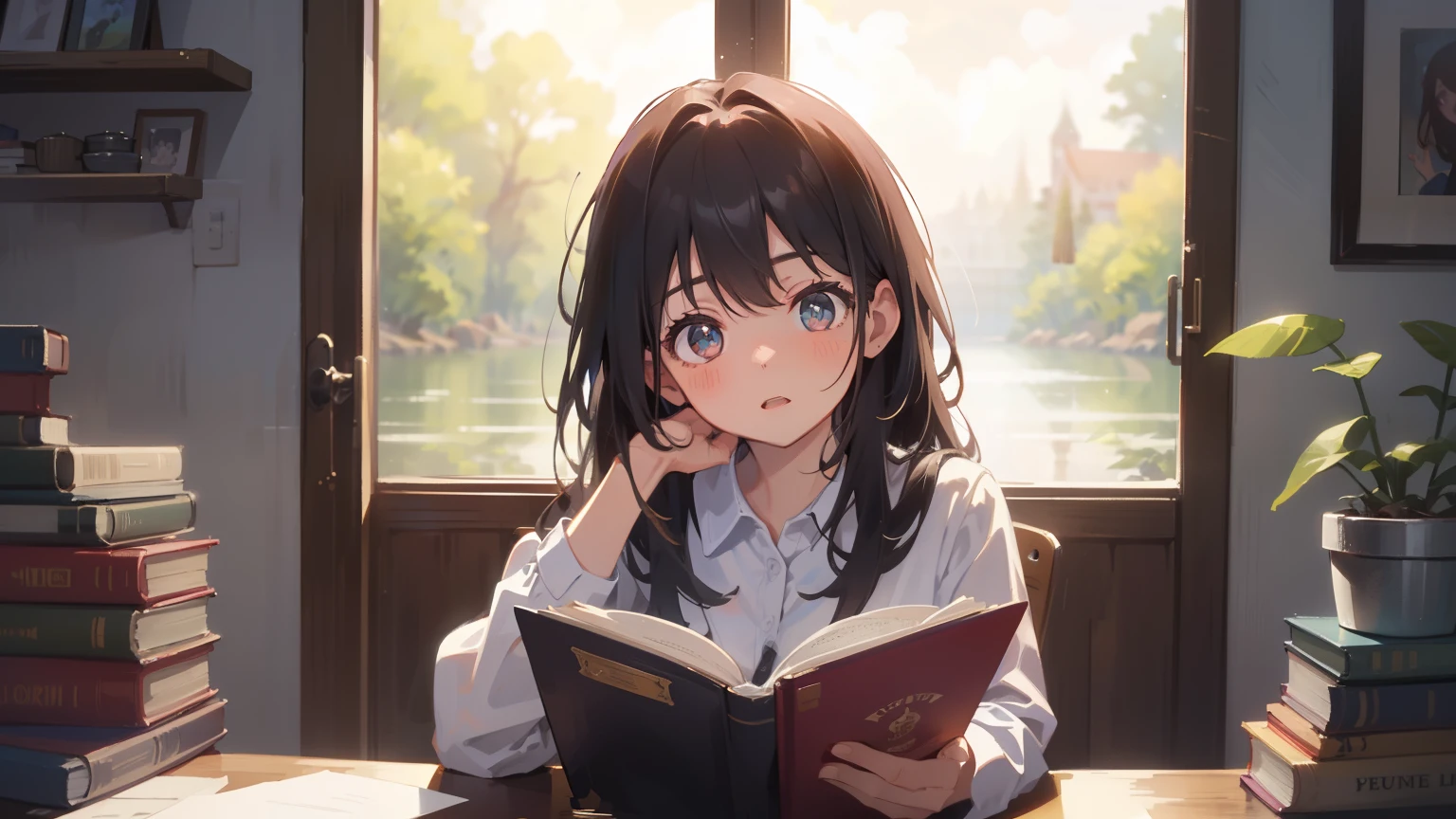 (masterpiece), (highest quality), Ultra-high resolution, Sharp focus, ((1 female, alone)), whole body, Dutch Shot, Beautiful detailed hair, Chestnut Hair,  long hair hanging down, Beautifully detailed face, ((Beautiful eye shape)), Perfect feminine face, Surprised face, Open your lips, Good for the audience, In the water,Reading a book,Sitting,mini skirt