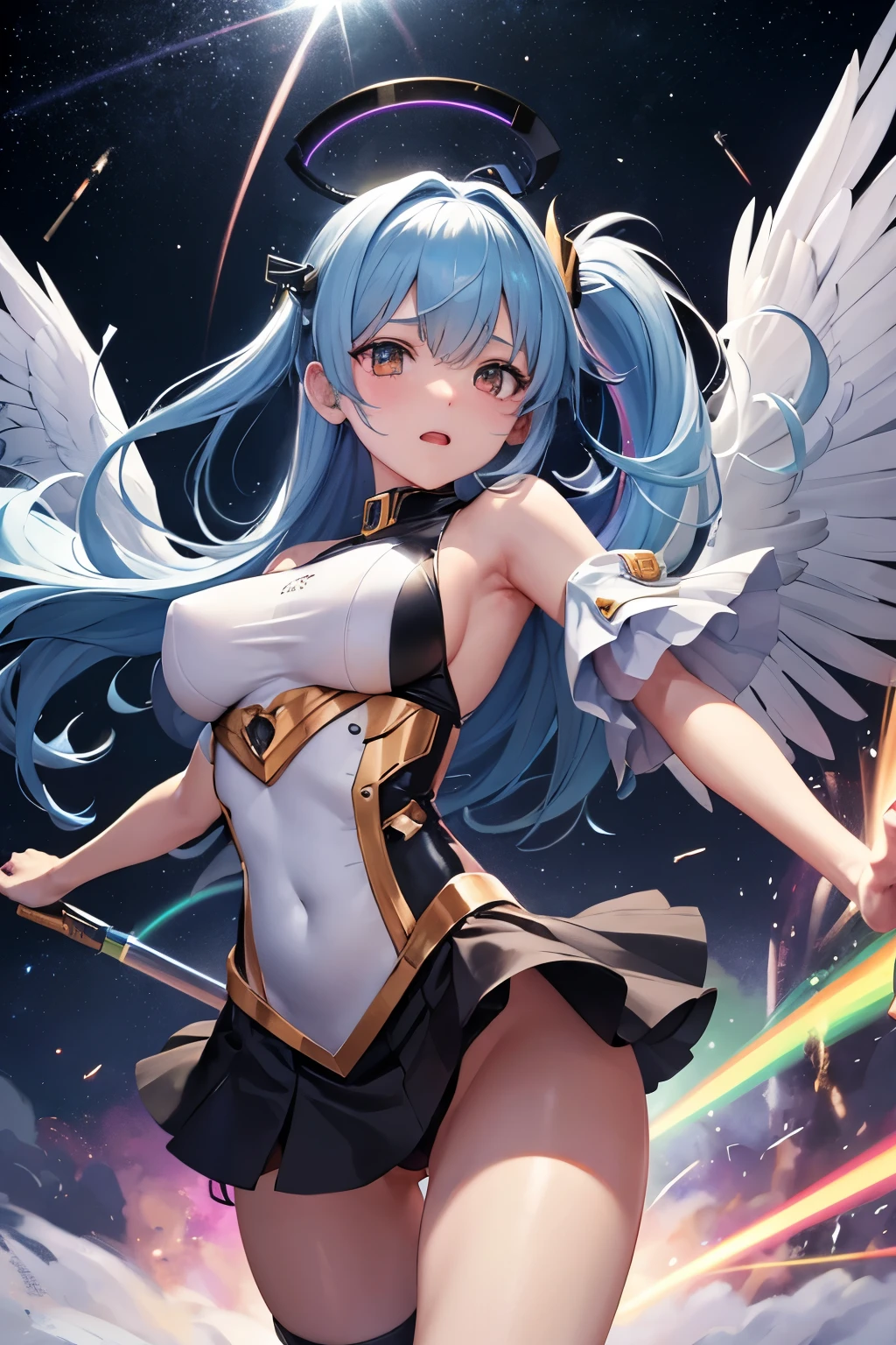 （（（highest quality、first-clasasterpiece、Normal body、8k、Detailed face、Ultra-precision、Normal hand、Normal finger、５Finger、）））Brightly colored hair、Rainbow Hair、Rainbow Mechanical Angel、Large rainbow mechanical wings、Large booster、Large rainbow thruster、Visor Helmet、Racy leotard、Armor Skirt、Thought-guided remote-controlled weapon、Funnel、Bit Weapon、Full Armor、Beam rifle、Rainbow Beam、Running through space、Full boost、Beam Sword、Fighting space monsters、Variable Beam Launcher、multi missile、Mega Beam Cannon、In combat、Dogfight、High Maneuver、Space War、fleet battle、Destroy enemy ships、High mega particle cannon firing、ultimate weapon、Multi-warhead missiles、Full burst、All-at-once sweep、Breaking the Limits、critical point breakthrough、Charged particle cannon、Meteors、Defeated by Space Monster、Gets hit and tears clothes、Armor peels off to reveal underwear、White pants、White bra、Hit and exposed skin、Nipple exposure、Nipple erection、Tattered Armor、Shabby costume、Pain、Embarrassed、Covered in scars、Torn accessories、Holding the wound、Floating scraps、Damage、Physical Explosion、Blown away posture、Popping costumes