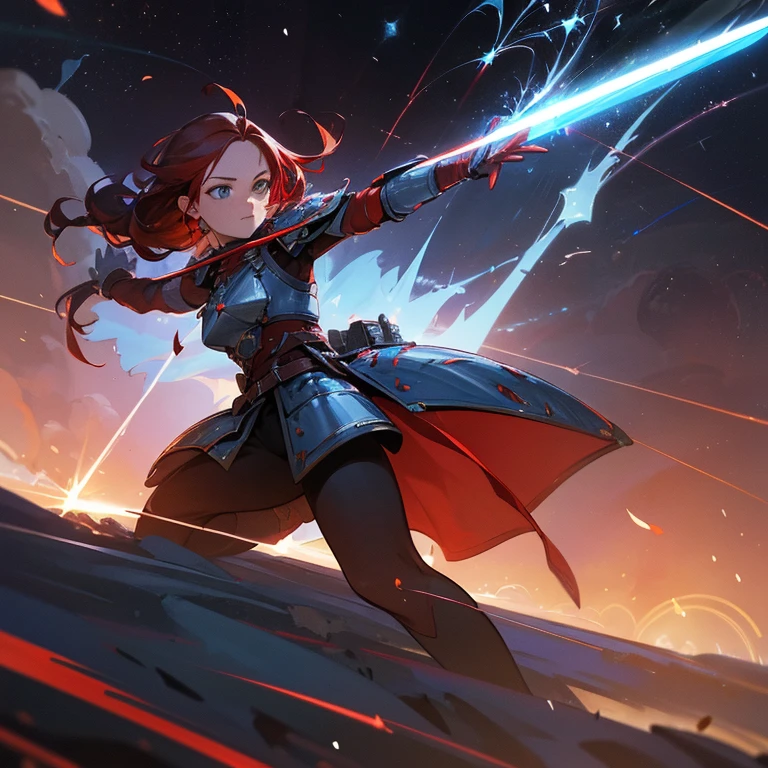 One woman, (magical female warrior), braided hairstyle (red hair: 1.5), break, light armor, wearing a sword, harness, leggings, deep picture, over quality, high quality, sword with particle effects Please make it shine blue, dignified, dignified, ultimately beautiful face, meteorite falling in the background, castle destroyed by a meteorite, (round castle in the background), (Dynamic: 1.8)