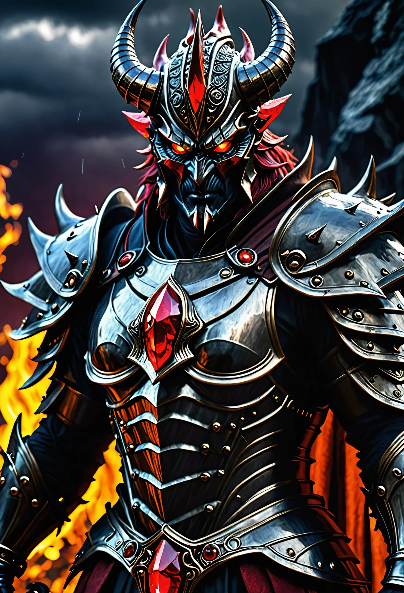 (best quality,4k,8k,highres,masterpiece:1.2),ultra-detailed,(realistic,photorealistic,photo-realistic:1.37),ancient scary demonic supervillain,armor with different colored gems,ominous dark background,fiery red eyes,fearsome expression,foreboding atmosphere,menacing presence,sharp metallic textures,glowing gemstone decorations,master of dark magic,evil aura,imposing figure, surreal shadows,brooding shadows and light, intimidating stance,destructive powers,otherworldly entity,stormy weather, spikes on its body