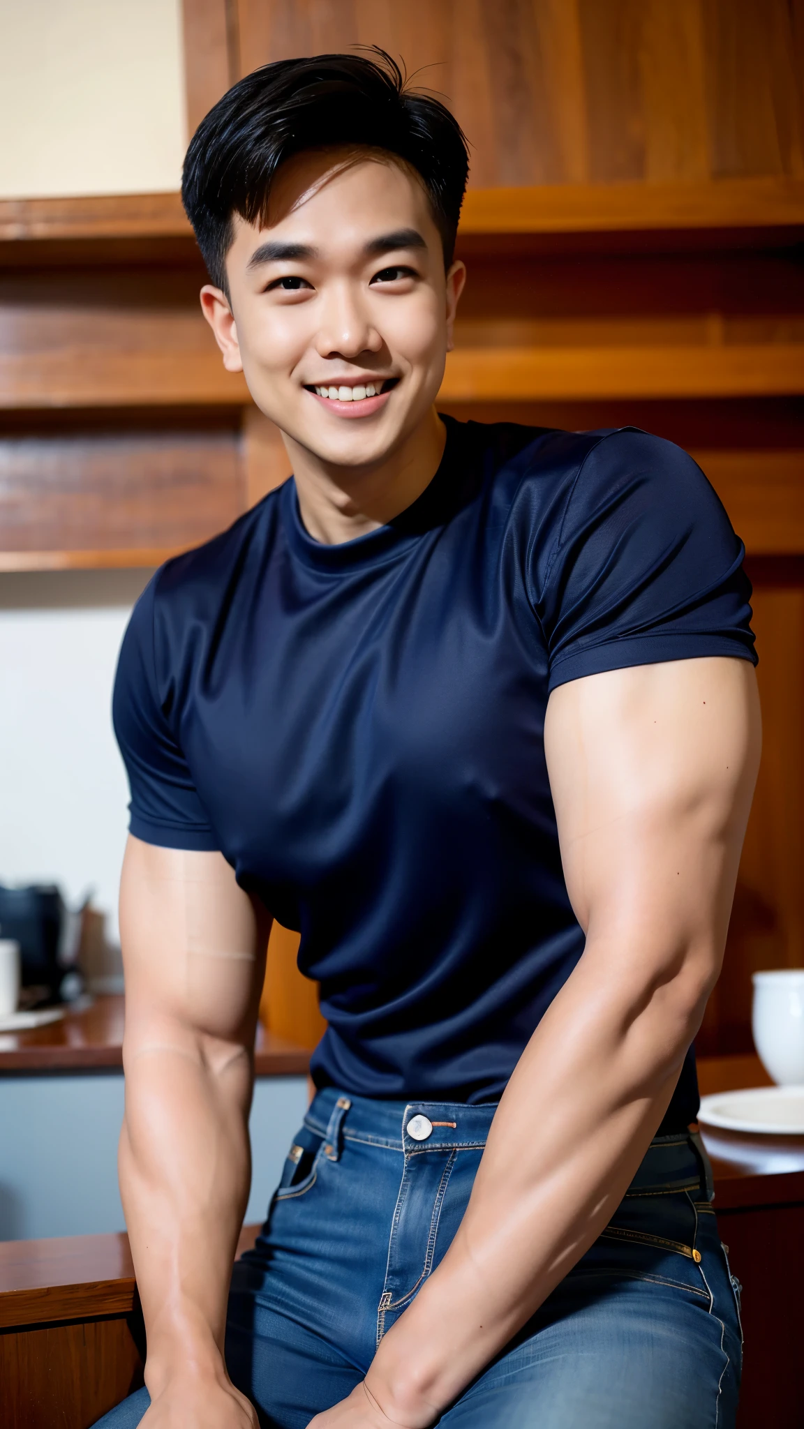 1 man in the middle of the picture, smile, (Wear a dark navy round neck shirt., short sleeve shirt ยี่ห้อ under armor), (jeans), (Korean people) , korean men, (Realistic lighting), looking at the audience, Balancing eye contact), in the coffee shop, cafe