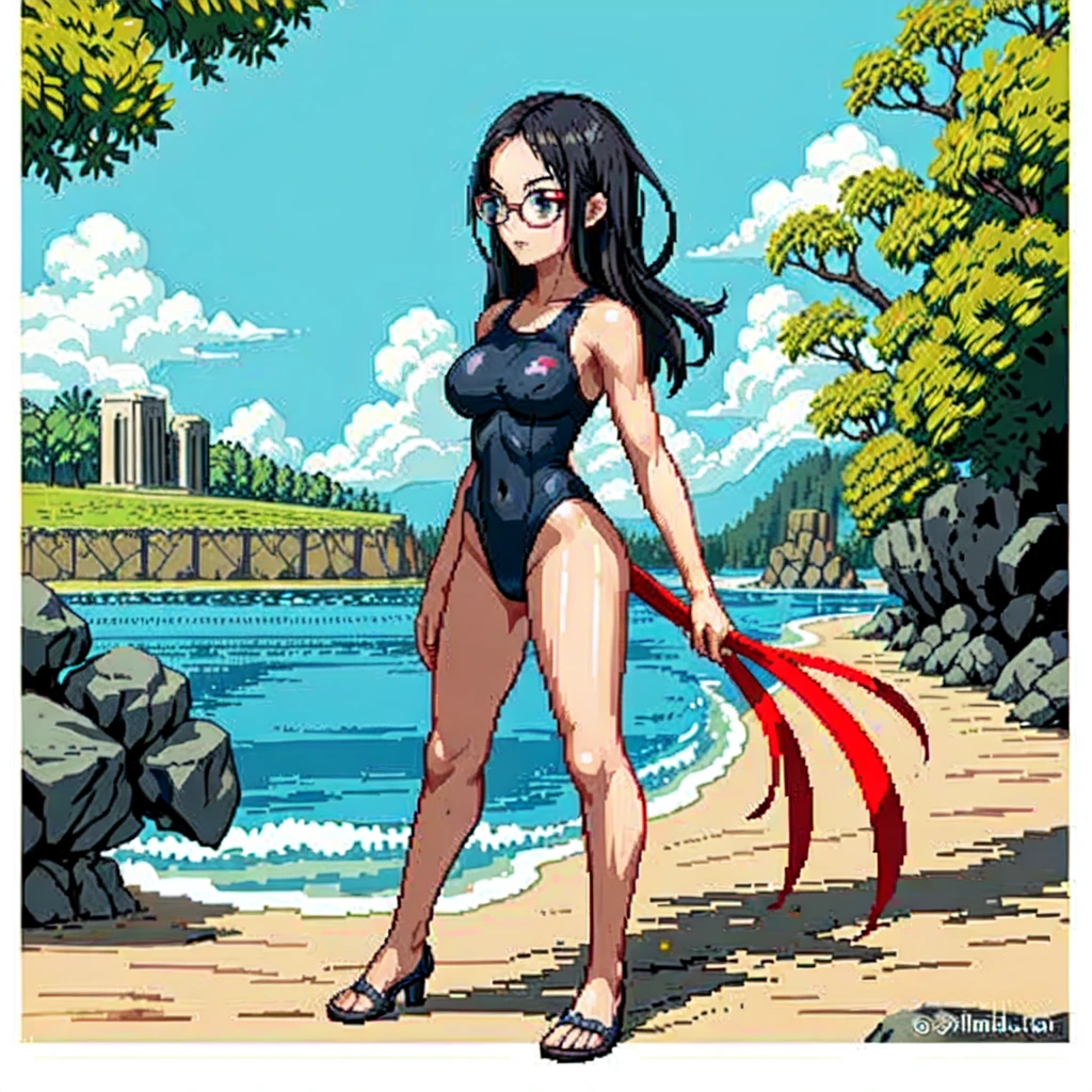 (masterpiece, top quality, best quality), pixel,pixel art,1girl,red swimsuit,swiming,black glasses,full body