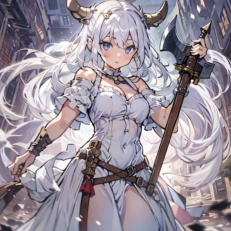 ((masterpiece)), ((bestquality)), ((ultra-detailed)), 1girl, solo, a ****************, white hair, blue eyes, detailed face, dragonian_head, dragonian_body, dragonian_hairstyle, dragonian_horns, dragonian_tail, one white tail, white long dress, dirty dress, off shoulder dress, black choker, ((circlet on head)), bangs, Viking axe, (holding axe:1.2), (over shoulder), nice hands, perfect hands, weapon over shoulder, molten dungeon, lava, image resolution 1024