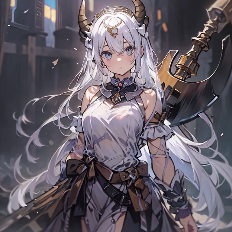 ((masterpiece)), ((bestquality)), ((ultra-detailed)), 1girl, solo, a -yeld gi white hair, blue eyes, detailed face, dragonian_head, dragonian_body, dragonian_hairstyle, dragonian_horns, dragonian_tail, one white tail, white long dress, dirty dress, off shoulder dress, black choker, ((circlet on head)), bangs, Viking axe, (holding axe:1.2), (over shoulder), nice hands, perfect hands, weapon over shoulder, molten dungeon, lava, image resolution 1024