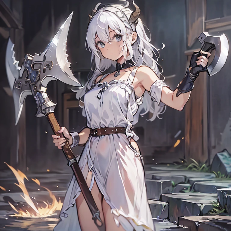 ((masterpiece)), ((bestquality)), ((ultra-detailed)), 1girl, solo, a -yeld gi white hair, blue eyes, detailed face, dragonian_head, dragonian_body, dragonian_hairstyle, dragonian_horns, dragonian_tail, one white tail, white long dress, dirty dress, off shoulder dress, black choker, ((circlet on head)), bangs, Viking axe, (holding axe:1.2), (over shoulder), nice hands, perfect hands, weapon over shoulder, molten dungeon, lava, image resolution 1024