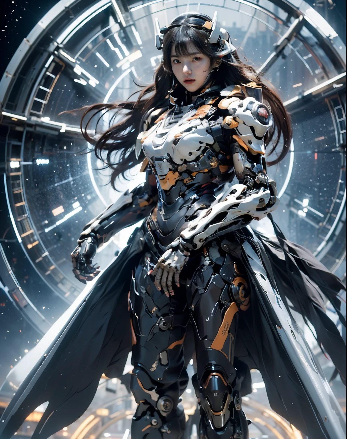 (masterpiece, best quality:1.2), (8k uhd, 16k, 32k, ultra high res), (photorealistic:1.37), (RAW photo), ultimate-realistic, ultimate-realistic details, ultimate-realistic texture, ultimate-intricate details, ultimate-realistic lighting, ultimate-realistic shadow, japanese girl, ultimate-cute face, ultimate-RAW skin, ultimate-realistic eyes, (mechanical:1.4), (armor), full body, wide shot, realistic background