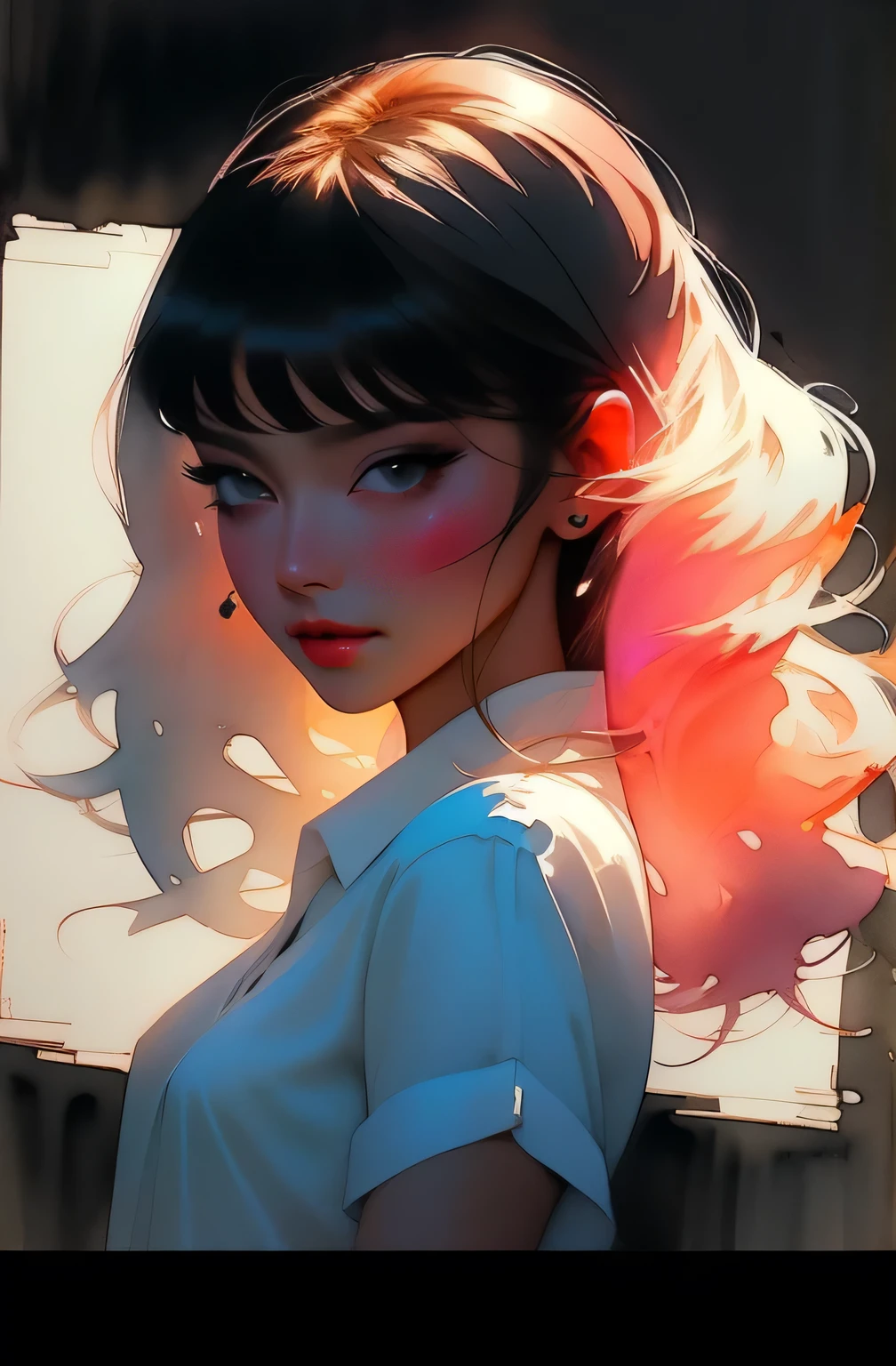 realisitic、long legged、full、Feminine、white shirt、a miniskirt、high-heel,extremely delicate face,Realistic lighting and shading, (an extremely delicate and beautiful art)1.3, Elegant,Dramatic shadows、ighly detailed。hightquality、hight resolution、raw、超A high resolution、The ultra-detailart、(extremely delicate and beautiful)、ighly detailed、Real Shadows,frombelow、the city that never sleeps、Watercolor Touch、Bleeding、a woman , luminous design, pastel colours, ink drips, spring lights,Artistic,black and orange、