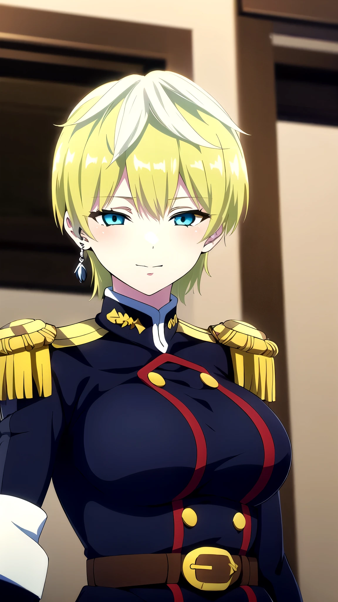  cleavage,Tenka Izumo, 1girl, solo, earrings, jewelry, short hair, uniform, blue eyes, epaulettes, blonde hair,  green hair, looking at viewer, masterpiece, best quality, highres,