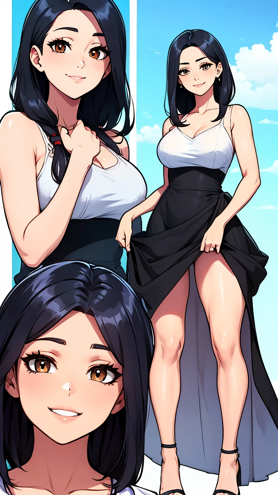 8K, high quality, animation, married woman, fair complexion, beautiful, neat, bright, emphasis on eyes, beautiful line drawing. Black hair, white skin, brown eyes, smiling face, blue sky background, black dress, depicted from head to waist,