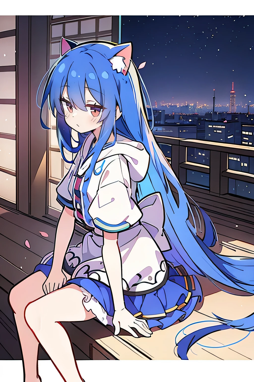 (masterpiece:1.2),Super detailed,lifelike,Expressive eyes,fair skin,perfect face shape,1 girl,
Japanese comics,Gorgeous blue hair,flowing blue hair,flowing clothes,Cat ears,Petals fall,beautiful lola,Baby Angel,sunrise,
Cross your legs,Gentle and peaceful background,The pavilion is cool and comfortable,smile, wearing hoodie, background of tokyo,back views,snowing, winter.