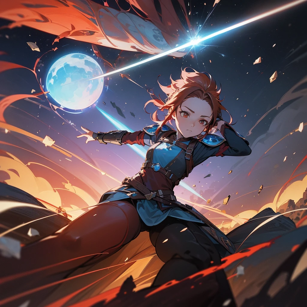 One woman, (magical female warrior), braided hairstyle (red hair: 1.5), break, light armor, wearing a sword, harness, leggings, deep picture, over quality, high quality, sword with particle effects Please make it shine blue, dignified, dignified, ultimately beautiful face, meteorite falling in the background, castle destroyed by a meteorite, (round castle in the background), (Dynamic: 1.8)