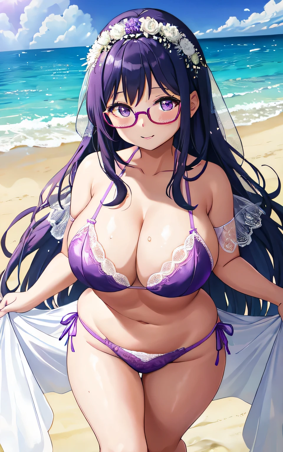 A  with big breasts, plump body, round, dressed in a purple wedding dress, lace bikini, on the beach, wearing glasses, wearing a thin tulle