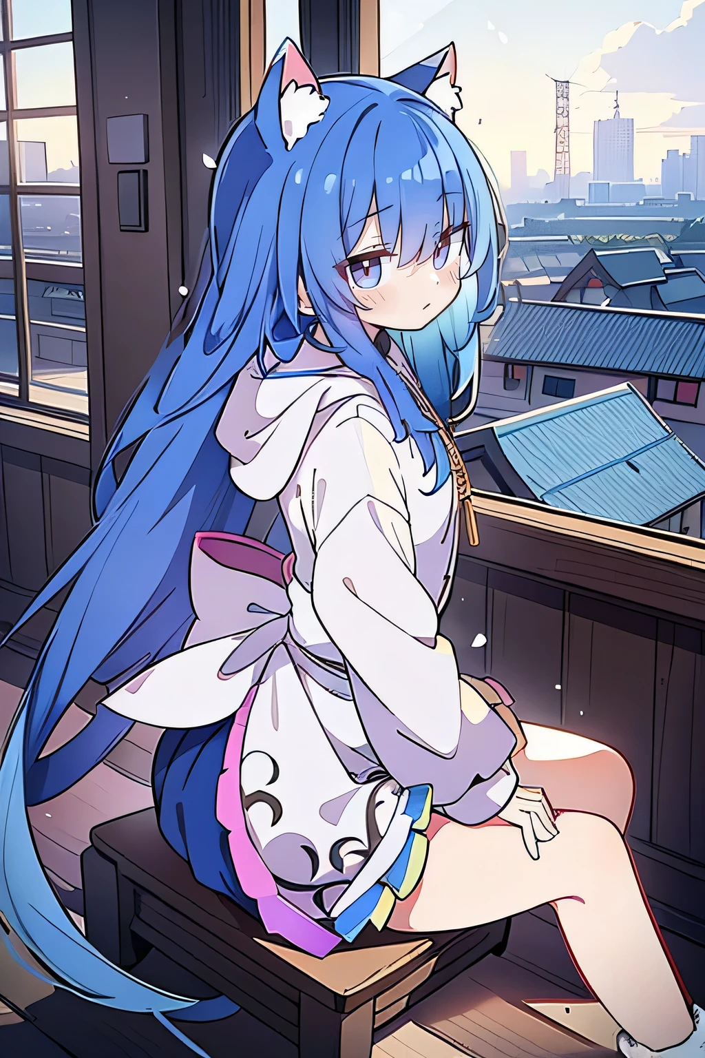 （masterpiece：1.2），Super detailed，lifelike，Expressive eyes，fair skin，perfect face shape，1 girl，
Japanese comics,Gorgeous blue hair,flowing blue hair,flowing clothes,Cat ears,Petals fall,beautiful lola,Baby Angel,sunrise,
Cross your legs，Gentle and peaceful background，The pavilion is cool and comfortable,smile, wearing hoodie, background of tokyo,back views,snowing, winter.