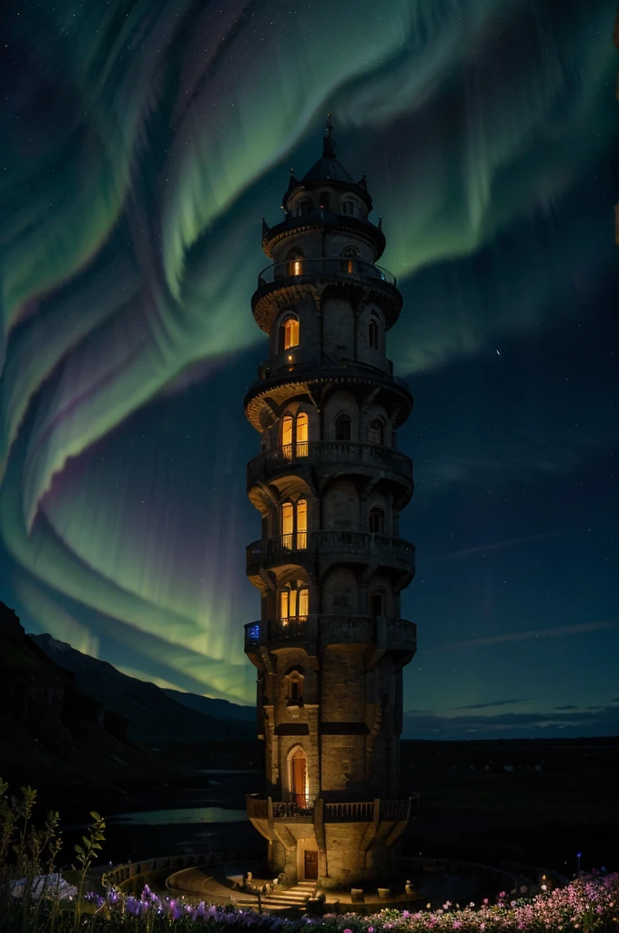 Waterfall of flower flowing from an amazing tower at night under the moonlight and stars with aurora borealis effect background