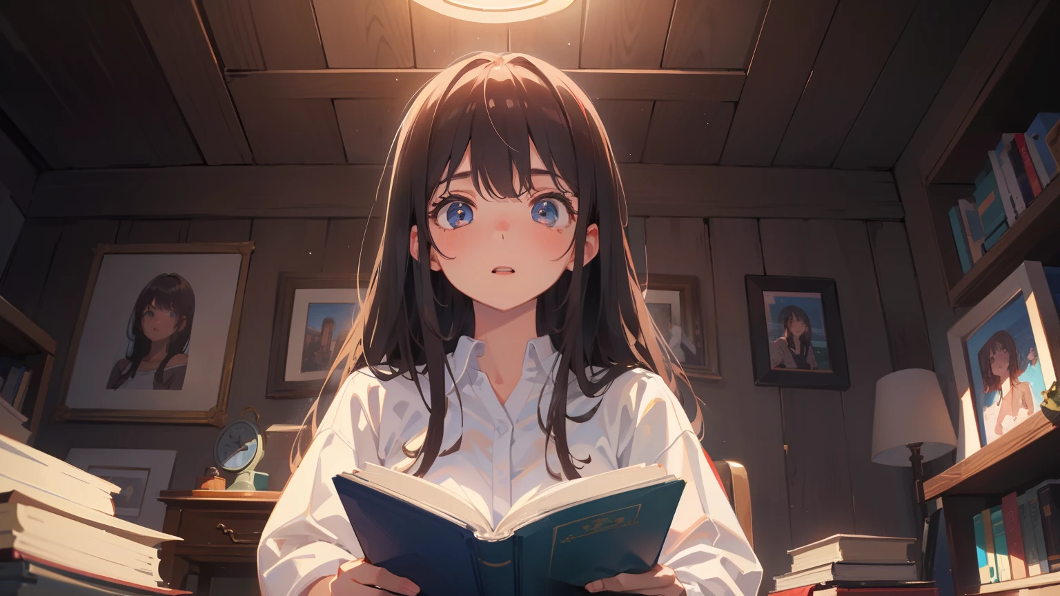 (masterpiece), (highest quality), Ultra-high resolution, Sharp focus, ((1 female, alone)), whole body, Dutch Shot, Beautiful detailed hair, Chestnut Hair, long hair hanging down, Beautifully detailed face, ((Beautiful eye shape)), Perfect feminine face, Surprised face, Open your lips, Good for the audience,Reading a book,Sitting