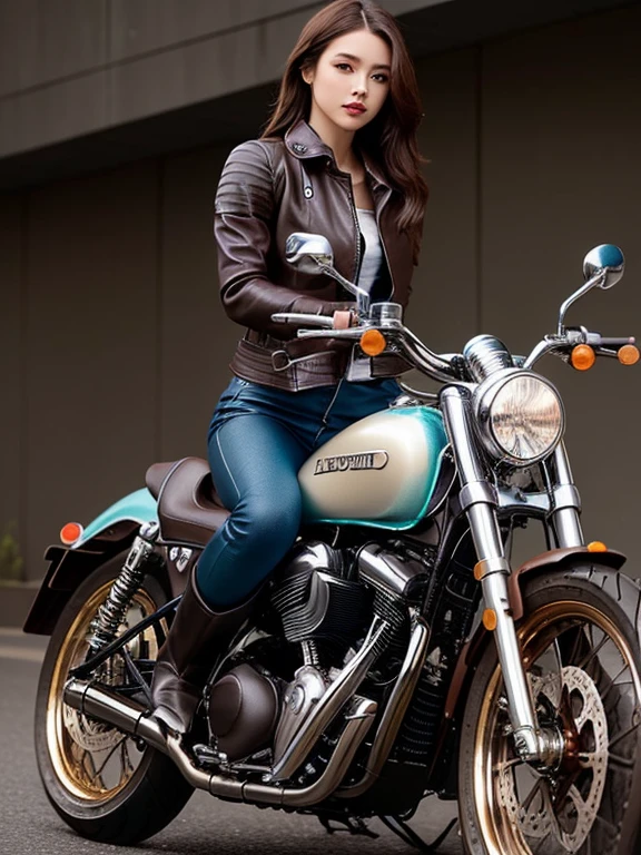 ((best quality)), ((masterpiece)), ((perfect face))、Detailed and clear photos、One slim rider woman、(((brown leather jacket, leather pants and long boots)))、(((Riding a motorcycle with detailed metallic colors)))、beautiful feet