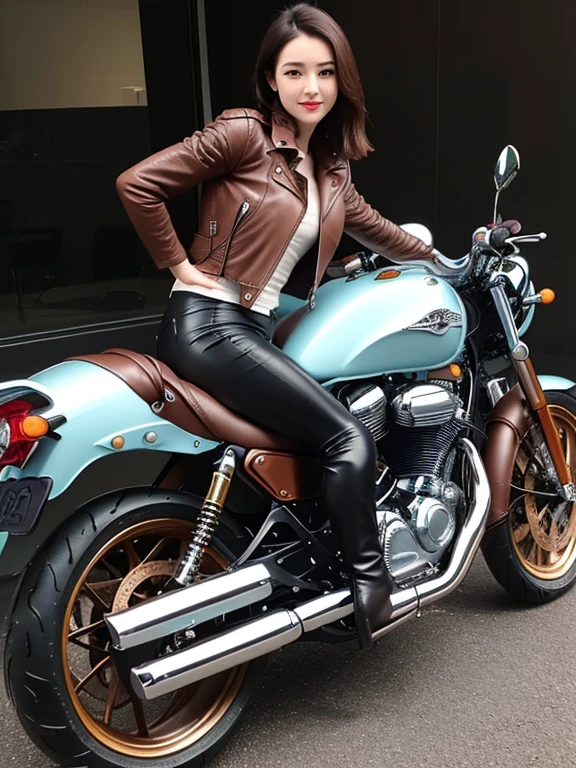 ((best quality)), ((masterpiece)), ((perfect face))、Detailed and clear photos、One slim rider woman、(((brown leather jacket, leather pants and long boots)))、(((Riding a motorcycle with detailed metallic colors)))、beautiful feet