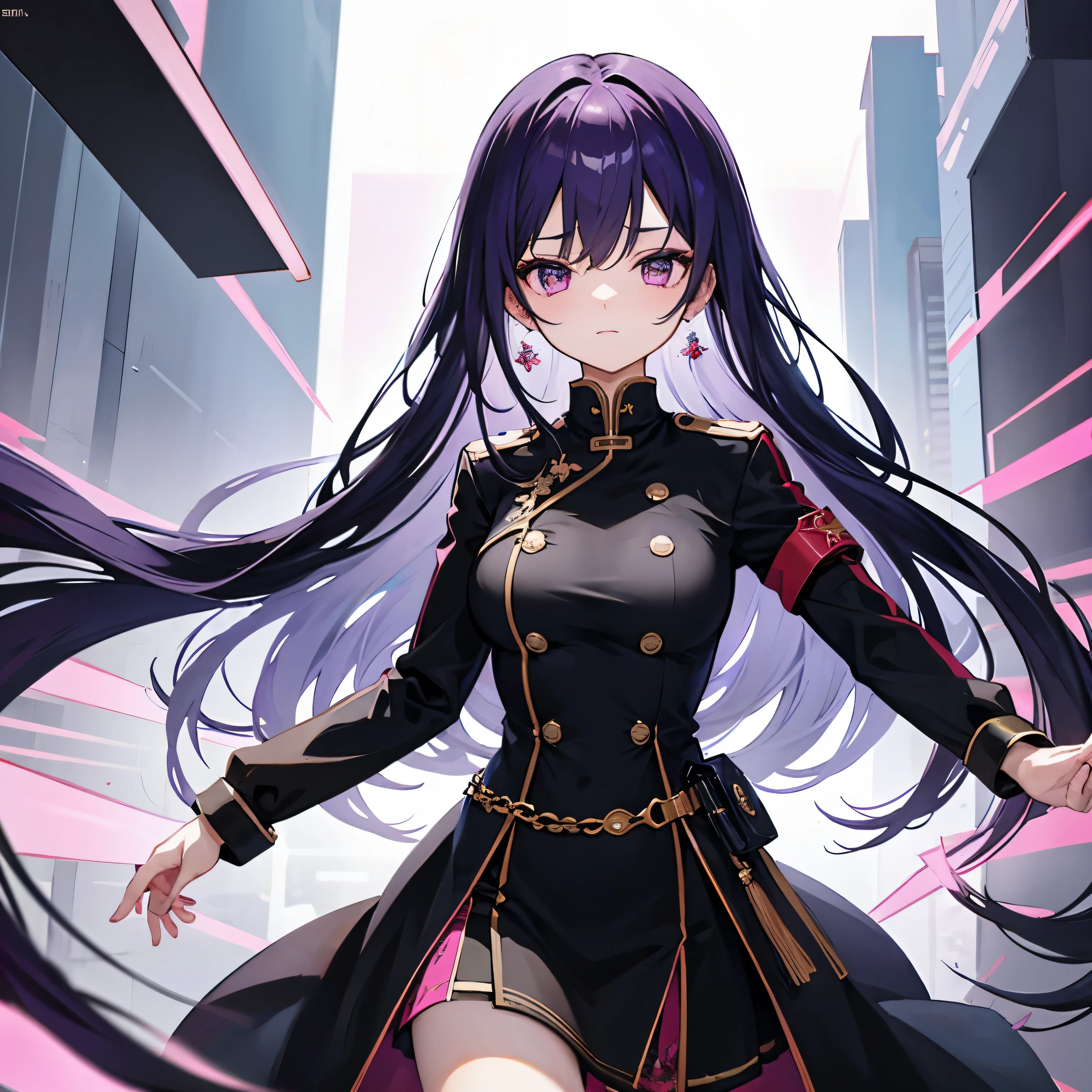 (T masterpiece，4k wallpaper，highest quality))、((girl１people々))、(一peopleで)、wonderful，(Purple Hair), (Pink Eyes), Black Uniform, Black Uniform 