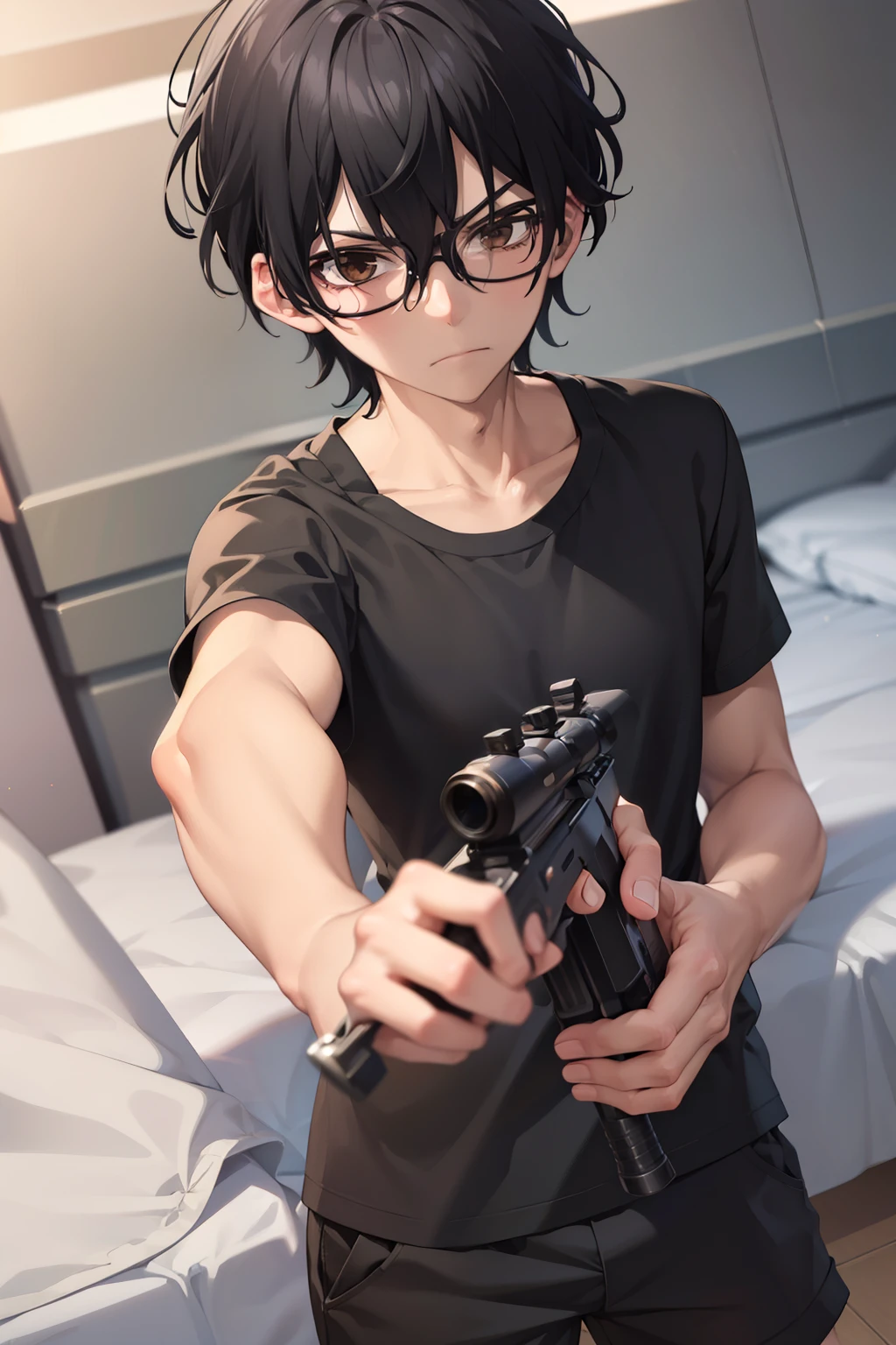 masterpiece, best quality, wallpaper, Holding the sniper,angry expression, aim at the viewer,1boy, solo, depth of field, momo_sakaki, black hair, brown eyes, hair between eyes, black shirt, Short sleeves shirt,black shorts, glasses, 16k resolution