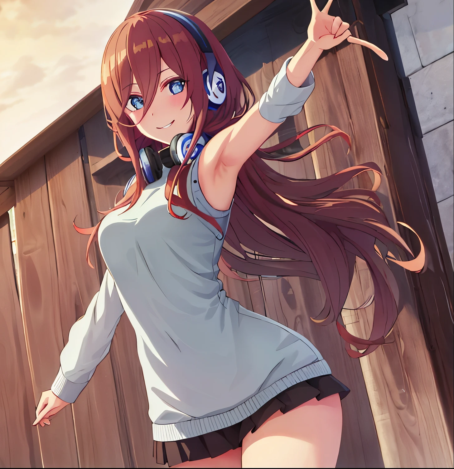 1girl, alone, miku nakano,masterpiece,best quality,highres,ultra-detailed,long hair,bangs, long hair, bangs, blue eyes, brown hair, shirt, hair between eyes, headphones, headphones around neck,  arge breasts,(sweater:1.2),(turtleneck:1.2),street,smile,standing,(sleeveless:1.4),arm_behind_head,arms_up,cowboy shot,big breasts, medium waist, wide hips, medium thighs,looking at viewer, point of view (from below), cowboy shot, dutch angle, perfect hands, perfect anatomy