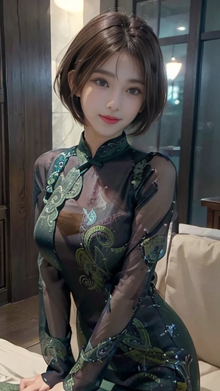 ((Realistic lighting, highest quality, 8k, masterpiece: 1.3)), Clear focus: 1.2, 1 girl, Perfect body beauty: 1.4, Slim Abs: 1.1, ((Dark brown hair,short hair，waved her hand， Big Breasts: 1.3)), (Finished with body paint，Dark green semi-transparent lace catsuit: 1.4), (Seaside, noon: 1.1),Body Paint Dresses， whole body, Long legs,  Highly detailed face, Beautiful Eyes, double eyelid，Captivating smile，No face paint，A refreshing smile