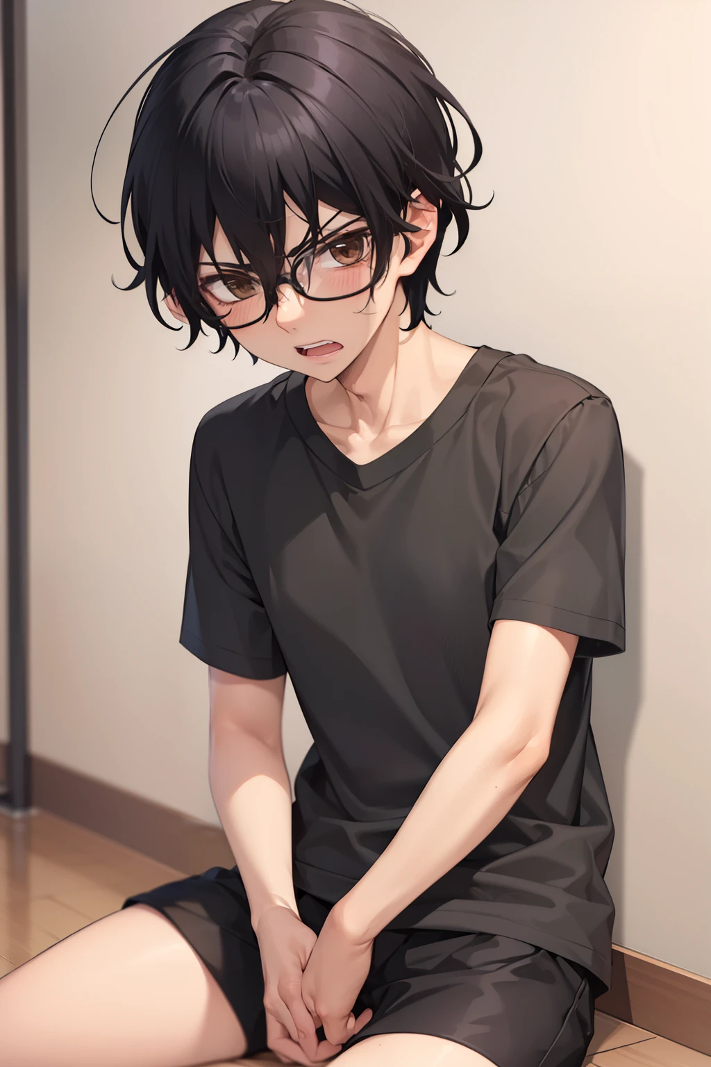 masterpiece, best quality, wallpaper,angry expression,visible teeth,1boy, solo, depth of field, momo_sakaki, black hair, brown eyes, hair between eyes, black shirt, Short sleeves shirt,black shorts, glasses, 16k resolution