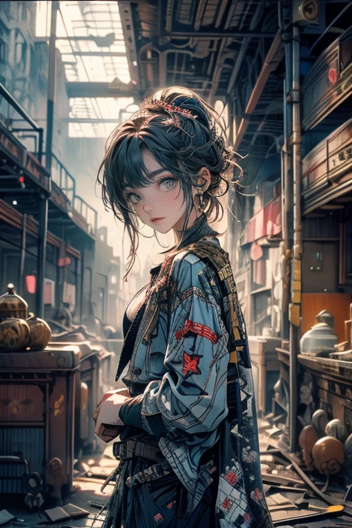 1girl,solo,cute,she explore in derelict building, exciting