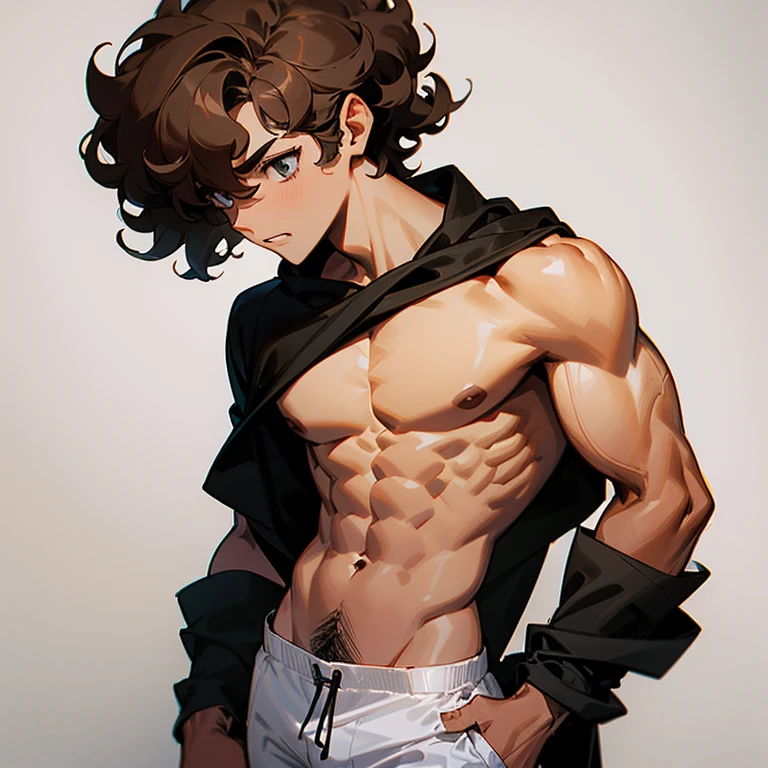 Crie um desenho de um garoto adolescente negro sem camisa, white pants with a toned body and curly hair