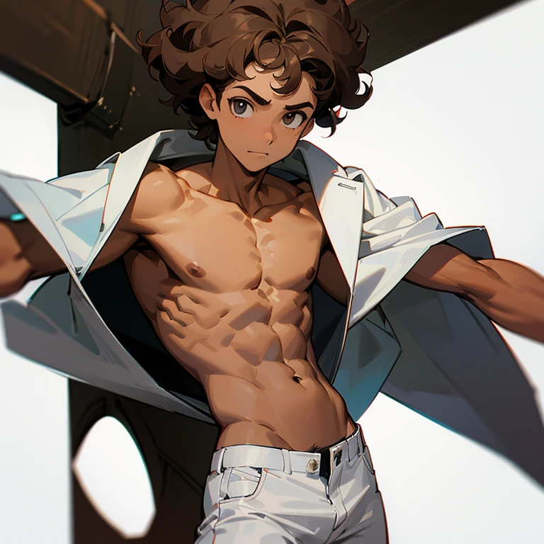 Crie um desenho de um garoto adolescente negro sem camisa, white pants with a toned body and curly hair