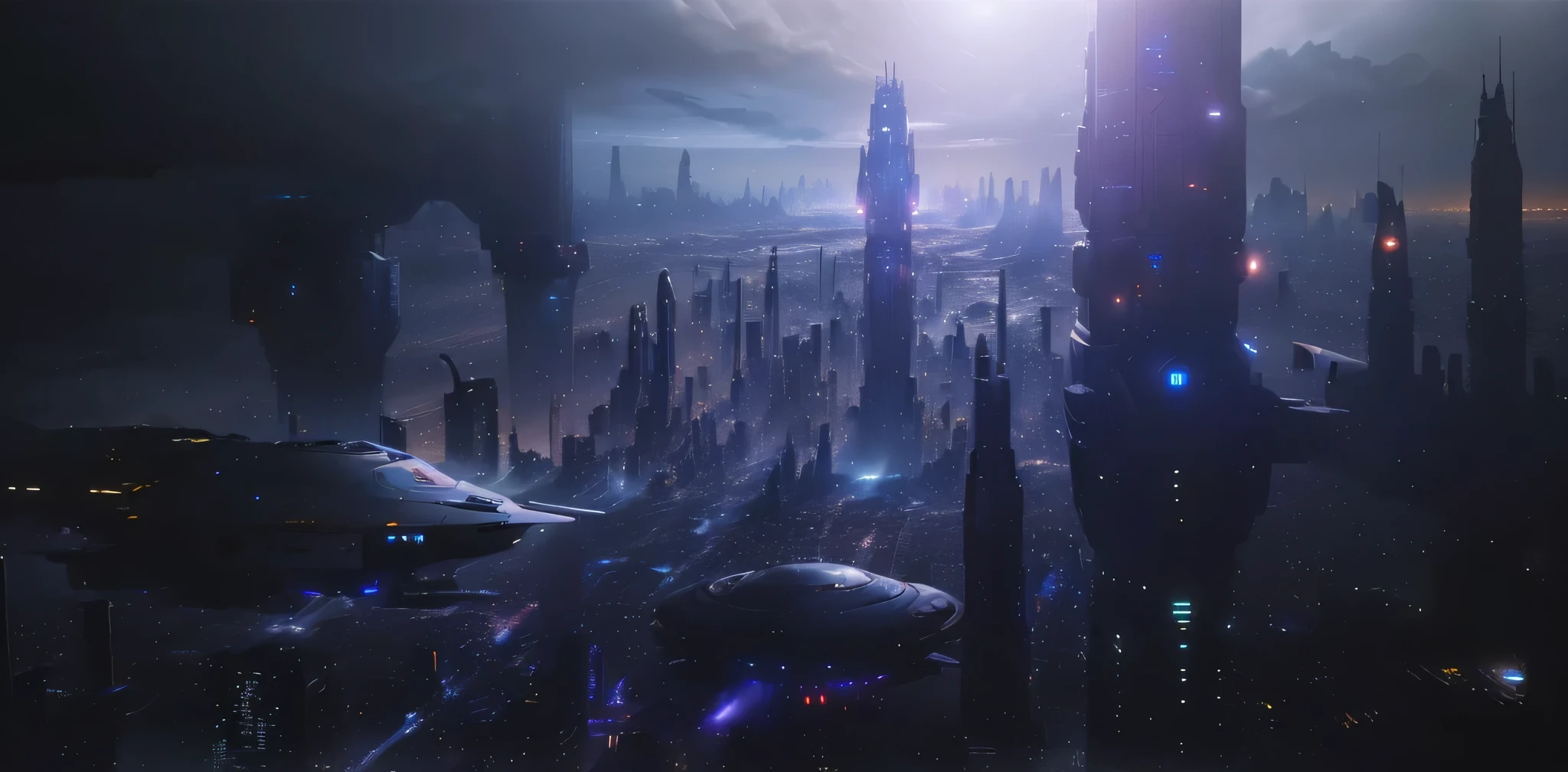 spaceships in a science fiction environment with a city in the background, coruscant, dystopian futuristic city, an alien cityscape, an alien city, cinematic science fiction shooting, cidade futurista escura, post-apocalyptic coruscant, science fiction cinematic film still, cidade futurista sobrenatural, em 2 0 5 5, portrayed as a science fiction scene, epic cinematic matte painting