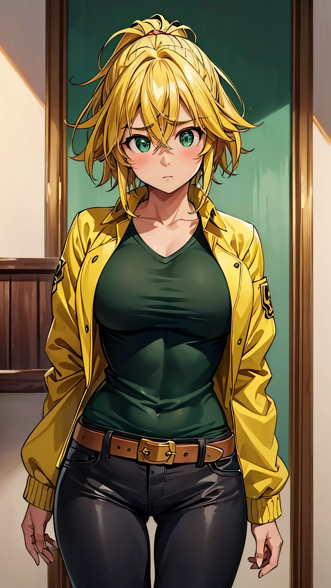 (masterpiece, best quality:1.2), expressive eyes, perfect face, highres, 1girl, solo, (female:1.5), meliodas_nanatsu_no_taizai, blonde hair, medium hair, green eyes, shirt, jacket, pants, blushing, worried face, standing, portrait, looking at the viewer