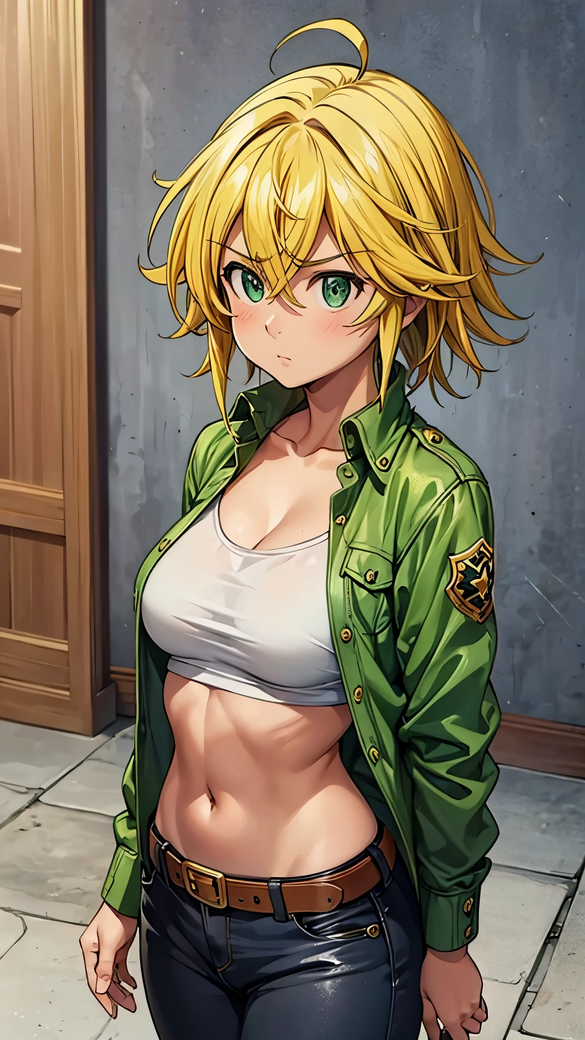 (masterpiece, best quality:1.2), expressive eyes, perfect face, highres, 1girl, solo, (female:1.5), meliodas_nanatsu_no_taizai, blonde hair, medium hair, green eyes, shirt, jacket, pants, blushing, worried face, standing, portrait, looking at the viewer