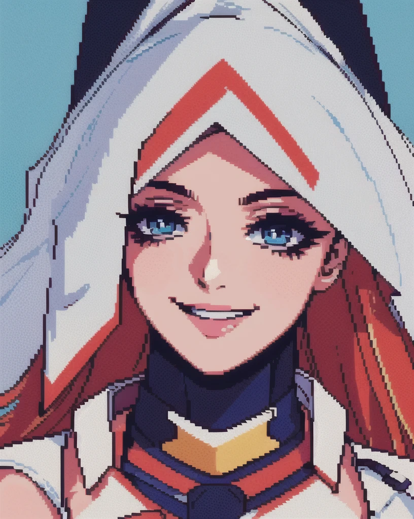 pixel art,1girl,solo,smiling,looking at viewer,beautiful character design,joyful,eye focus,makeup,white background,cowboy shot,masterpiece:1.2,high-res,ultra-detailed,realistic,portrait,vibrant colors,bright lighting.