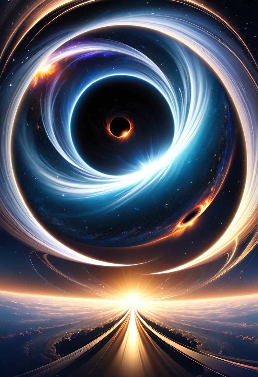 ((Realistic simulation of a black hole))Infinitely forward、Parallel universes that extend infinitely backwards, Extended singularity, Infinitely into the past、And into the future, infinitely, Curved Space-Time, Event Horizonte, moment, shocking, impressive, amazing, Impossible images, A masterpiece of creation