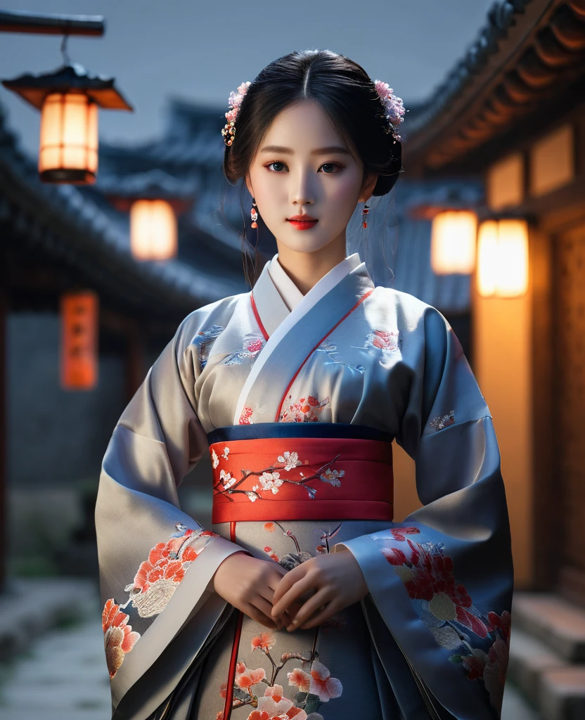 (8k, RAW photo, best quality, masterpiece:1.2), (realistic, photo-realistic:1.37),1girl, night, professional lighting, photon mapping, radiosity, Korean Doll, long traditional dress, grey background