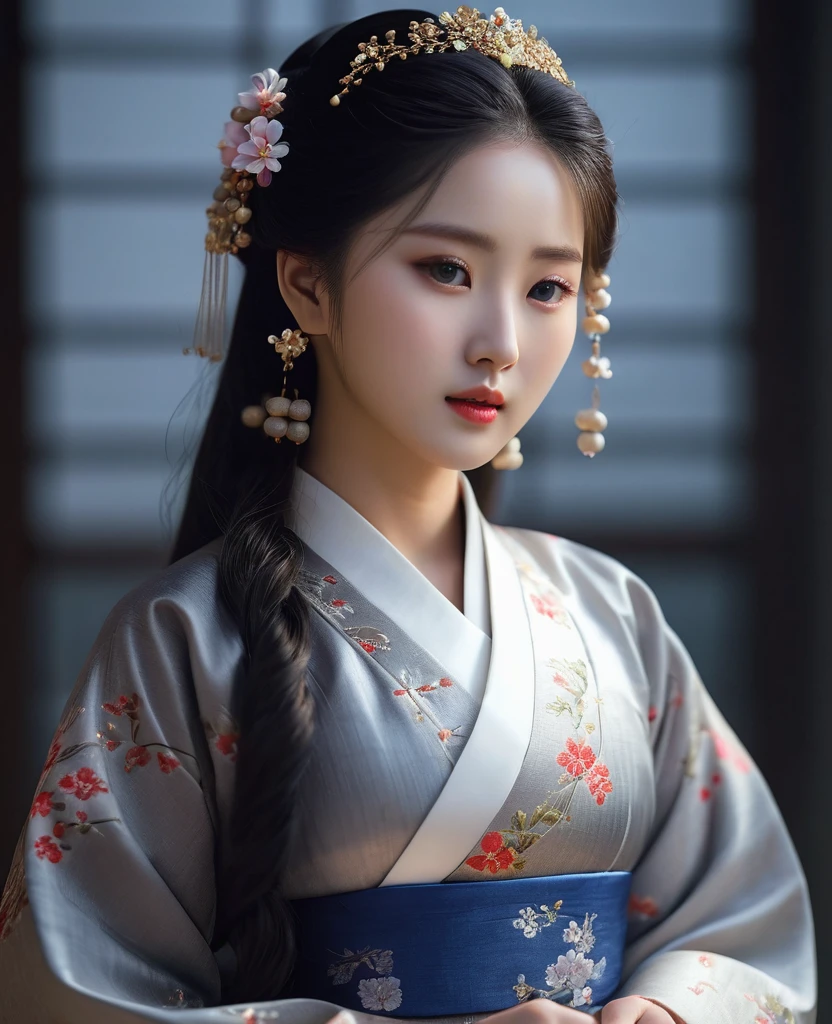 (8k, RAW photo, best quality, masterpiece:1.2), (realistic, photo-realistic:1.37),1girl, night, professional lighting, photon mapping, radiosity, Korean Doll, long traditional dress, grey background