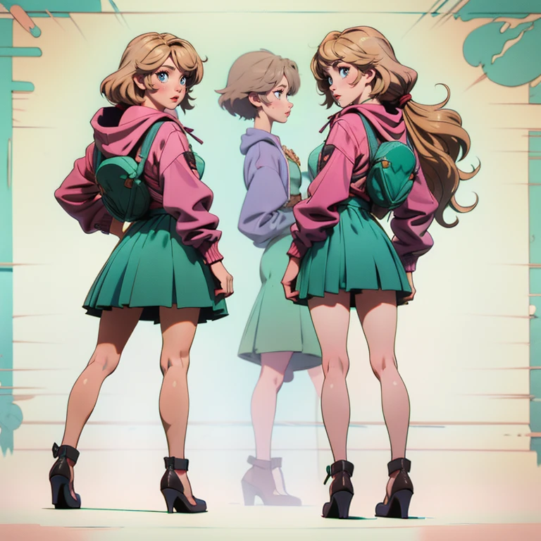 "High resolution image, 8k quality, 3D anime style, perfectly detailed illustration with perfectly intricate details. This is the (((same character))) in the (((same outfit))), based on a((( character design sheet))). It is considered the most beautiful image in the world, looking to the viewer. ((( front view))), (((side view))) and (((back view))).

The girl represented is alone and is described as the most beautiful in the world, ((( full-body))),mature woman. She has medium blonde hair, medium breasts, a perfect detailed face with (((puffy cheeks))) and a((( very exaggerated pout))). Her lips are full and closed with blush, while her almond-shaped and aquamarine eyes are perfectly detailed, with tears.

She wears a white and green dress with a raised skirt, accompanied by an open pink jacket with long, puffed sleeves, as well as a hood. She is standing with her legs apart, showing wide thighs and medium hips, wearing brown pantyhose and black heels."(" pay attention and don&#39;t make mistakes")