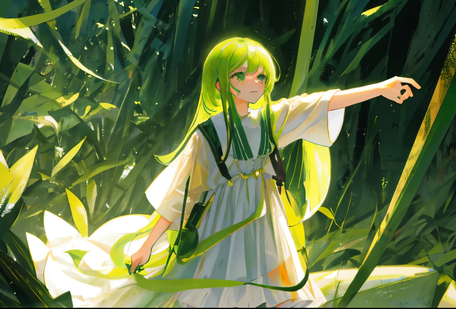 a girl standing , in the middle , long green hair , green eye , white long dress , praying , crying hard , nature , destroyed , pollution