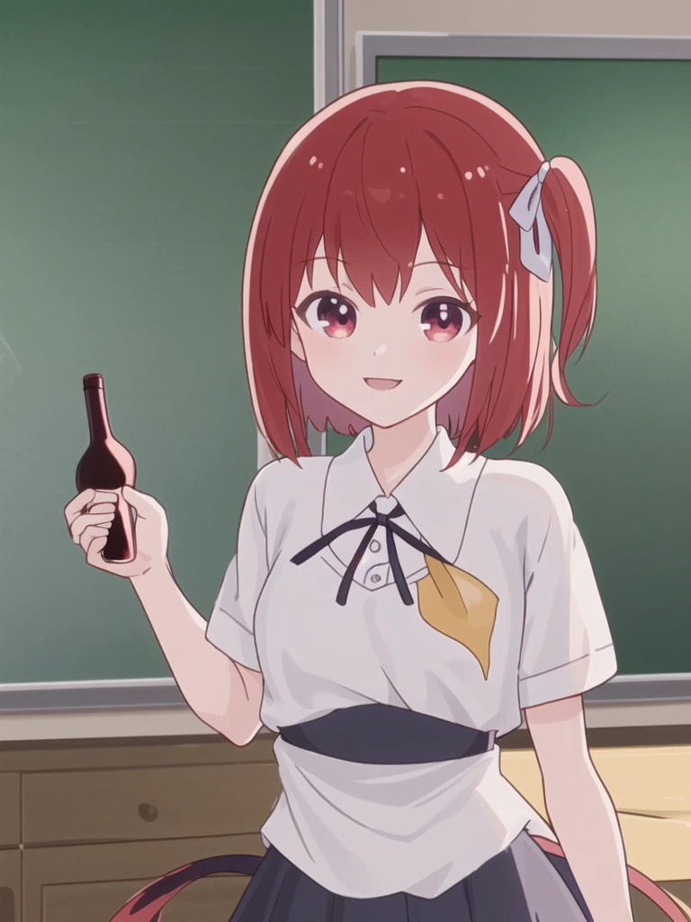 Masterpiece,Wine red hair,Side Tail(right),Short Bob,Young,shirt,Chest ribbon,mini skirt,classroom,piece,whole body,smile