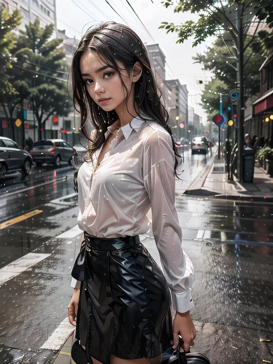 a beautiful girl crying in the countryside road, rainy, trees around the road, standing, wet shirt, long hair, black hair, ((small breasts))