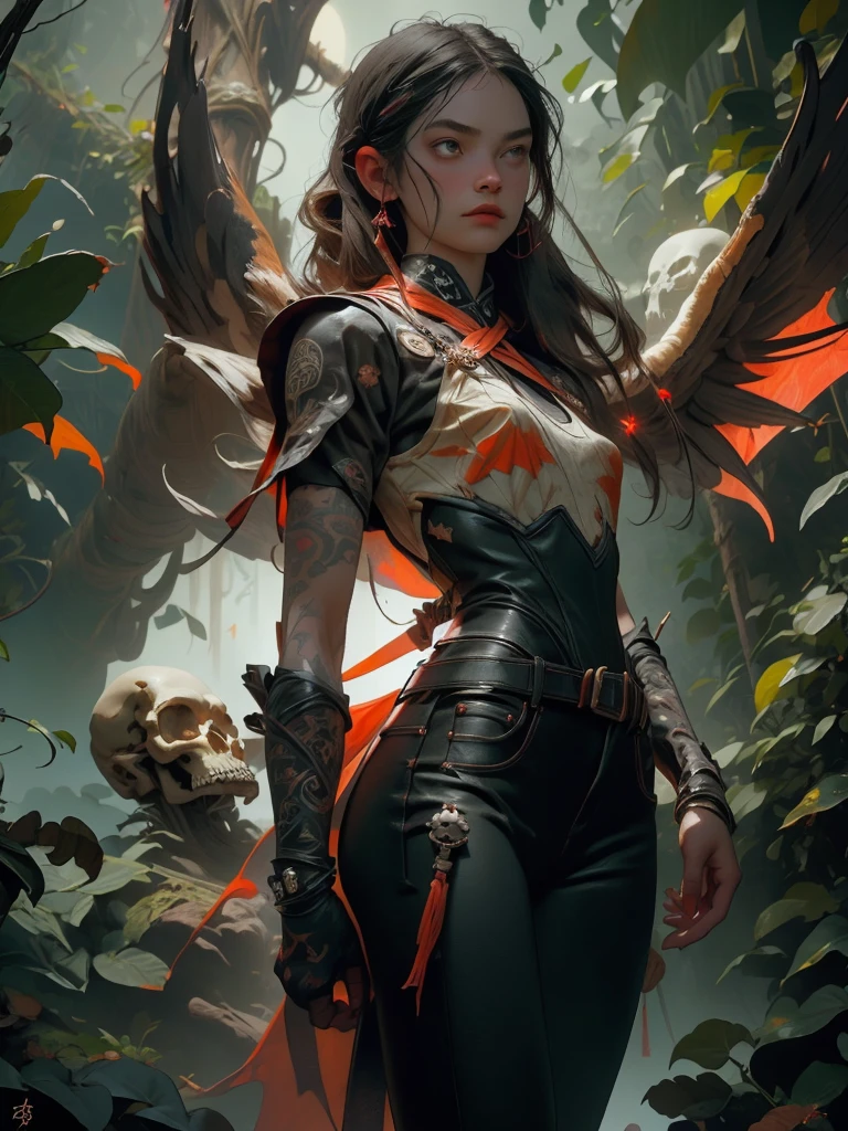 Fine matte painting, skeleton dark angel big wings haunted castle on drawing table full of knives, horror, spookiness, scary, secret horror, tentacles, vines, eyes, uncanny valley effect teeth, limbs, animals, blood moon